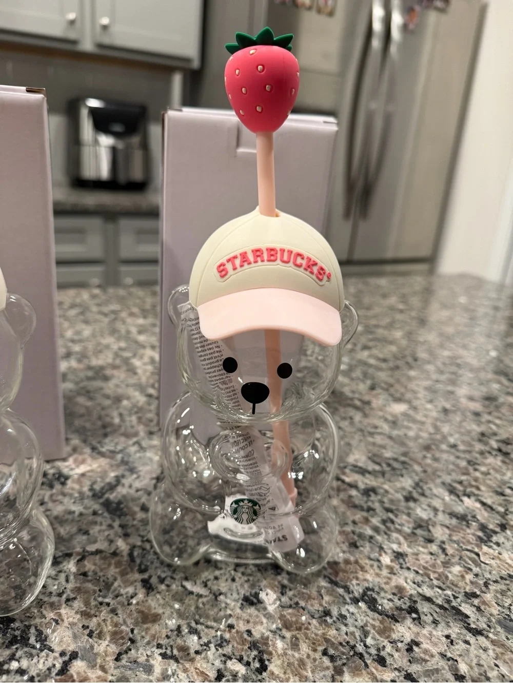 Starbucks Clear Bear Bottle with Pink Strawberry Cap and Cream Hat